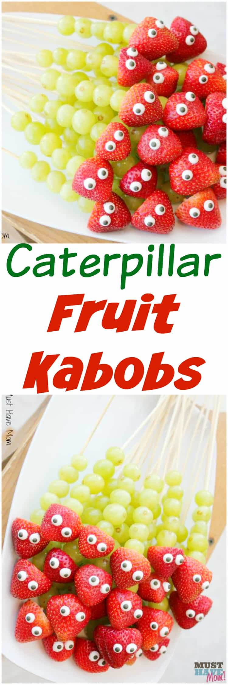 Easy caterpillar fruit kabobs kids party food ideas! Great healthy party food for kids that is a cute caterpillar! 