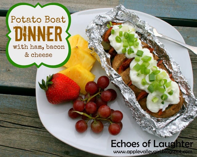 campout food Camping Recipes Potato Boat Dinner with Ham, Bacon & Cheese