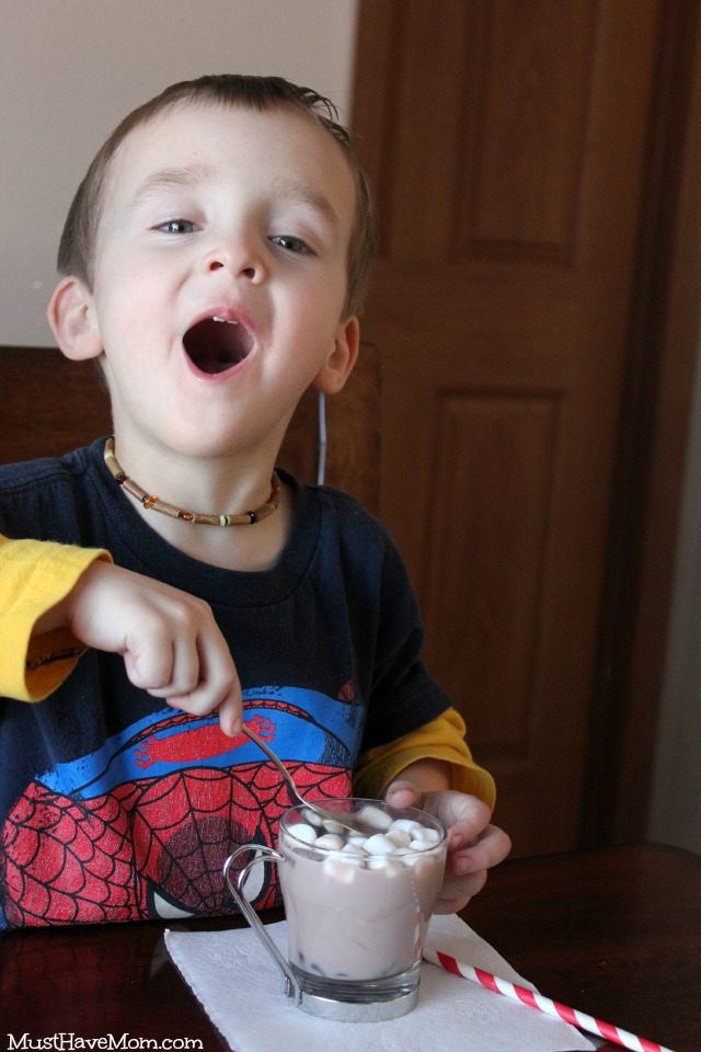 Carson drinking TruMoo Chocolate Marshmallow