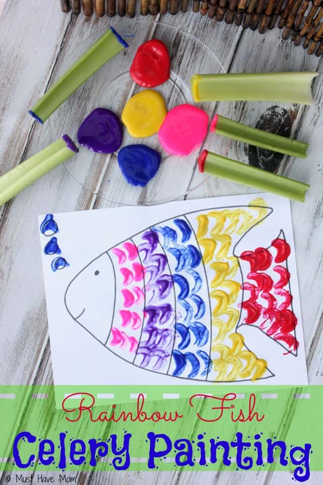 Rainbow Fish Celery Painting Activity includes free printable rainbow fish too!