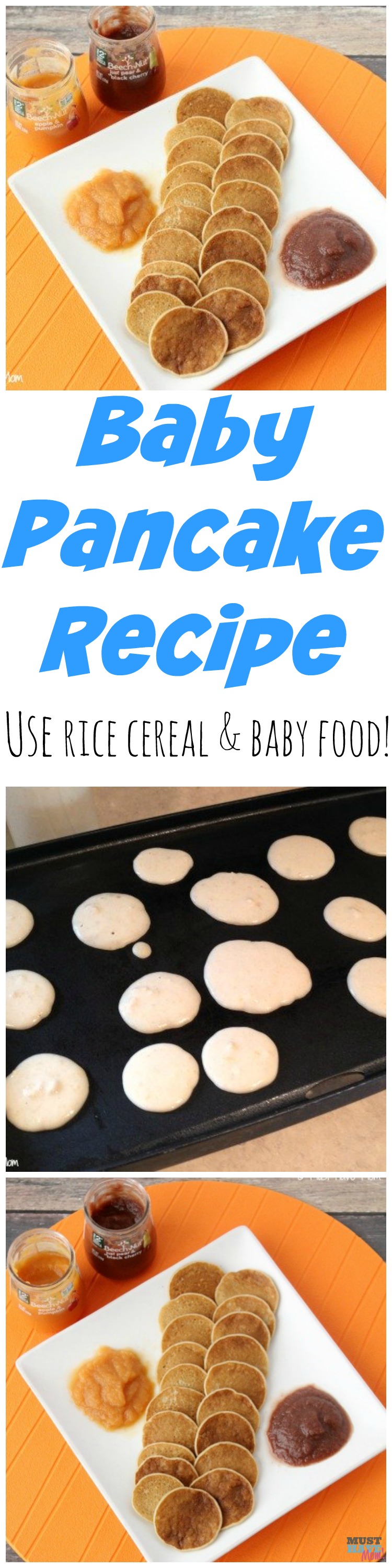 Baby pancake recipe that uses up leftover rice cereal and baby food! Great baby finger foods or toddler finger food idea!