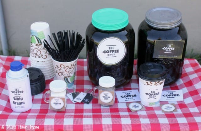 Pretend Play Coffee Shop Idea with tons of fun ideas for outdoor coffee shop setup and free printables too! Love this kids activities idea that they can play outside!