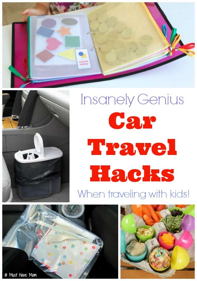 Insanely Genius Car Travel Hacks when traveling with kids. Love the car garbage can idea and the kids activity book for long car rides!