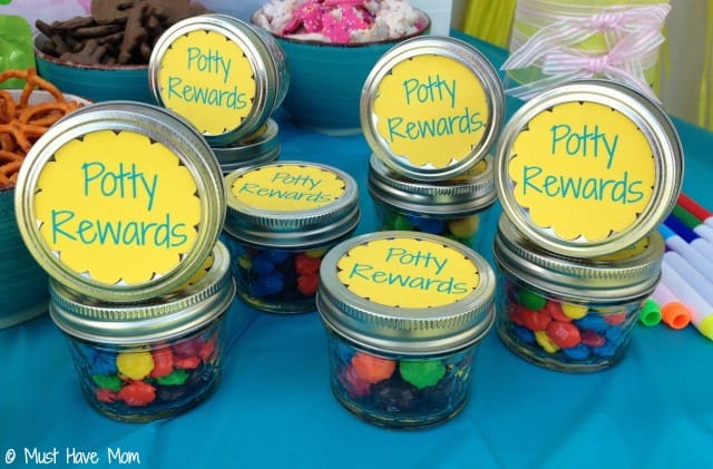 Potty Rewards treat jars as favors at a potty training party! Great potty training idea! Free printable Potty Rewards tag too!