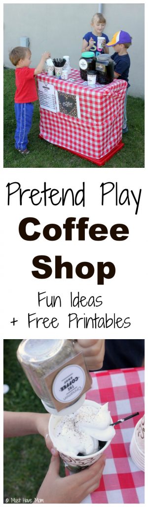 Pretend Play Coffee Shop Idea with tons of fun ideas for outdoor coffee shop setup and free printables too! Love this kids activities idea that they can play outside!