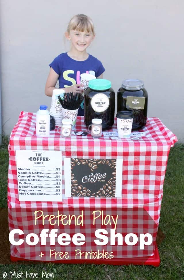 Pretend Play Coffee Shop Idea with tons of fun ideas for outdoor coffee shop setup and free printables too! Love this kids activities idea that they can play outside!