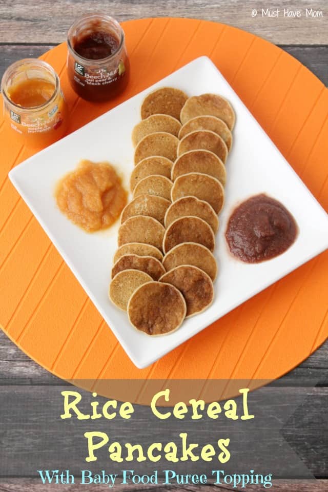 Rice Cereal Pancakes with baby food and baby cereal as an ingredient. Use baby food as a topping. Great way to use up baby rice cereal and baby food once baby moves to finger foods!
