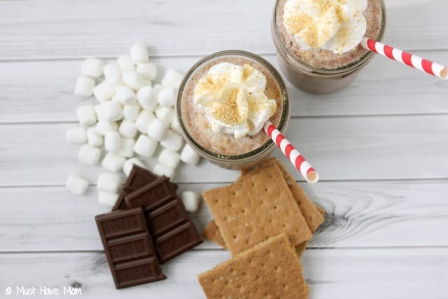 Delicious Smores Smoothie Recipe. Tastes like a frozen hot chocolate but Smores flavor! Perfect cool treat for Summer.