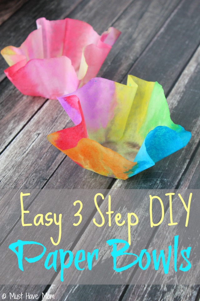 Easy 3 step DIY Paper Bowls Kids Craft Idea! Just use coffee filters, watercolor paints and Faultless Spray Starch! Fun decorative bowl. 