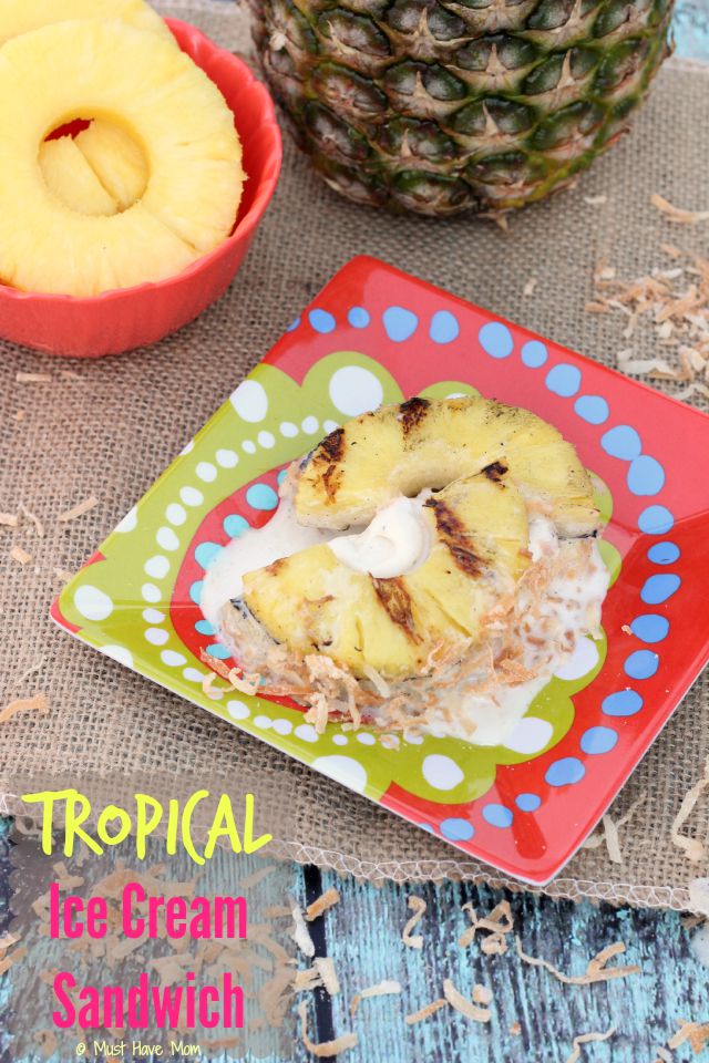 Tropical Ice Cream Sandwich Recipe. Grilled pineapple slices with natural vanilla ice cream and toasted coconut!