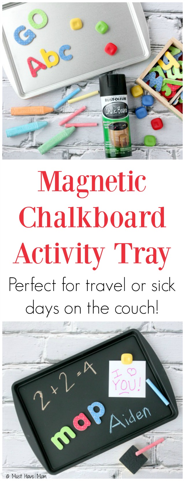DIY Magnetic Chalkboard Activity Tray. Quick and easy project that is perfect for a travel activity in the car or for sick days on the couch. Great quiet time activity.