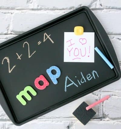 DIY Magnetic Chalkboard Activity Tray. Quick and easy project that is perfect for a travel activity in the car or for sick days on the couch. Great quiet time activity.