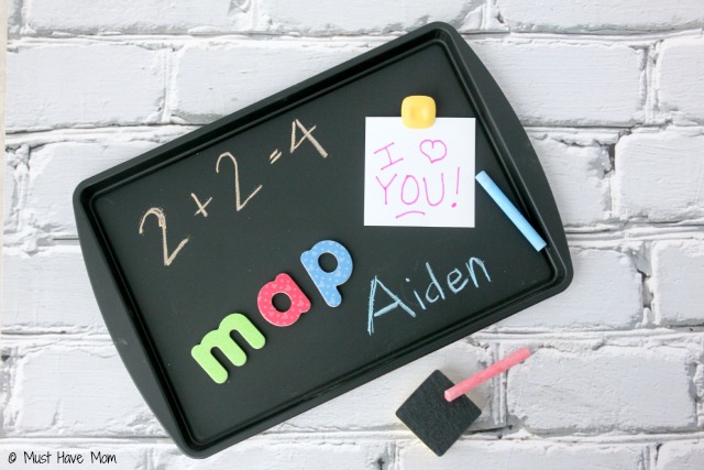 DIY Magnetic Chalkboard Activity Tray. Quick and easy project that is perfect for a travel activity in the car or for sick days on the couch. Great quiet time activity.