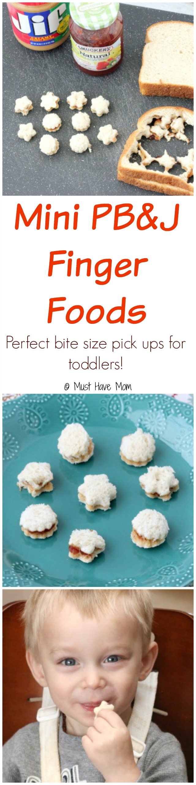 Mini PB&J Finger Foods perfect for toddlers to pick up and self feed! Great for learning to use that pincher grasp and bite size so they can easily chew them up!