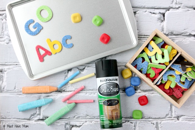 DIY Magnetic Chalkboard Activity Tray. Quick and easy project that is perfect for a travel activity in the car or for sick days on the couch. Great quiet time activity.