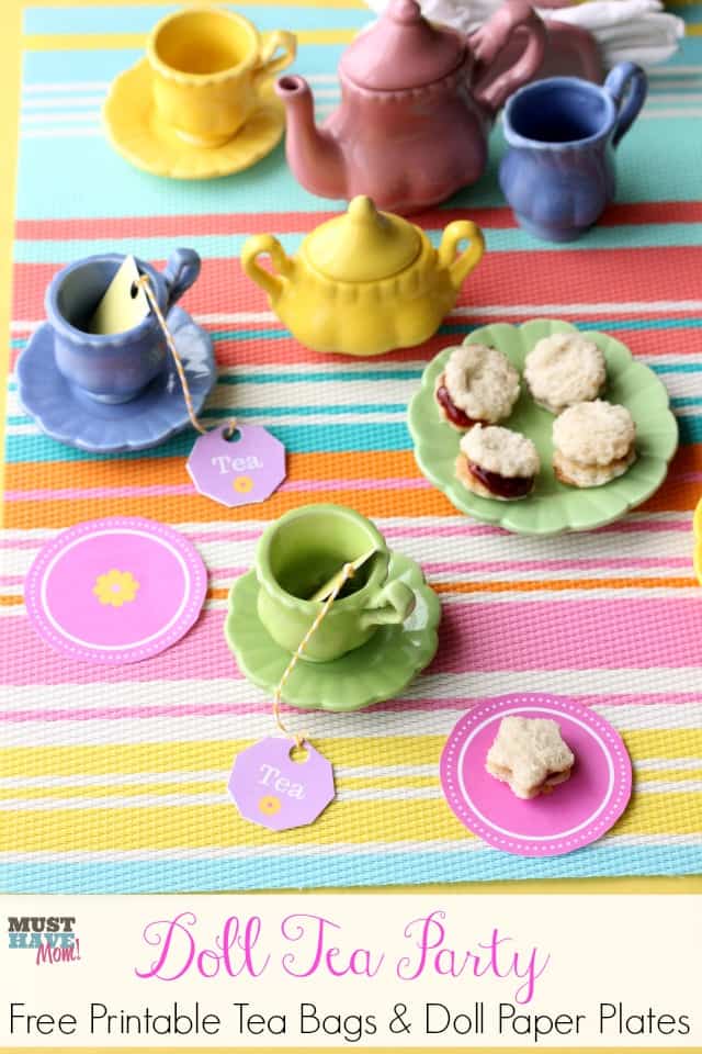 PB&J Doll Tea Party Ideas with free tea party tea bag printables and doll paper plate printables! Fun ideas for a girls tea party!