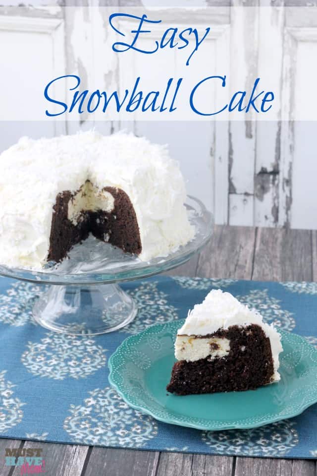 Easy Snowball Cake Recipe with a delicious cream cheese center and a Cool Whip Coconut Frosting! Easy one bowl dessert!