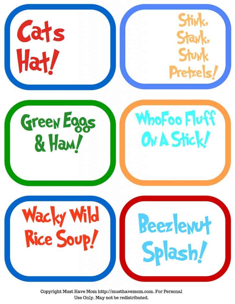 Free Dr. Seuss party printables, Dr. Seuss food signs, Dr. Seuss favor tags!