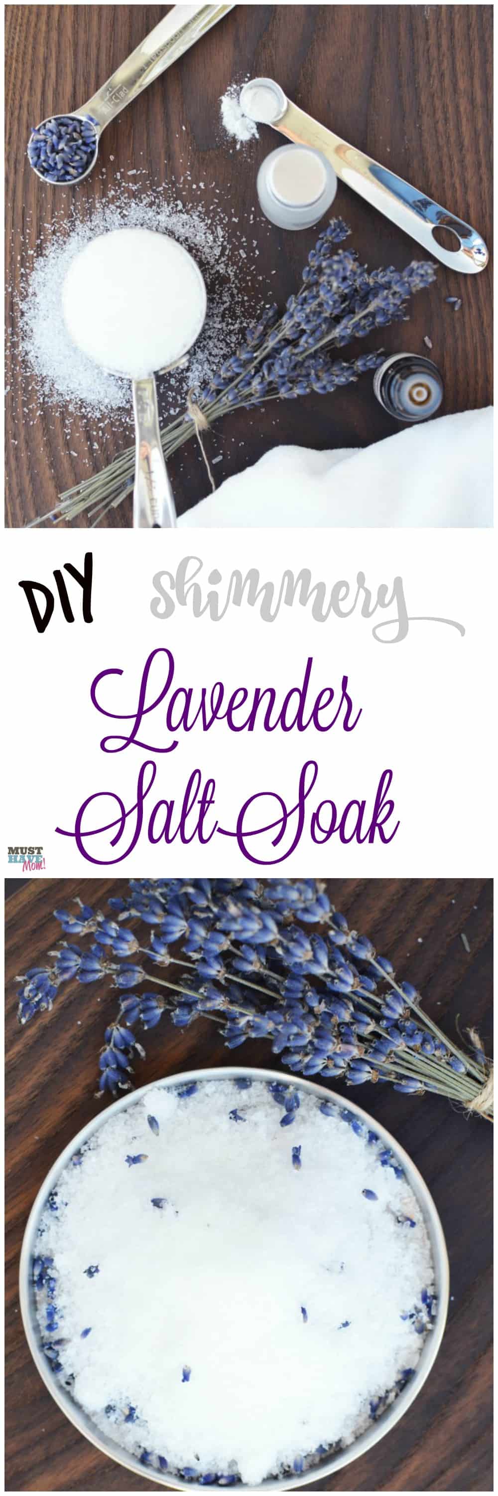 Shimmery lavender salt soak just like the spa! This bath salt recipe is easy and so luxurious! Makes a great DIY gift idea too.