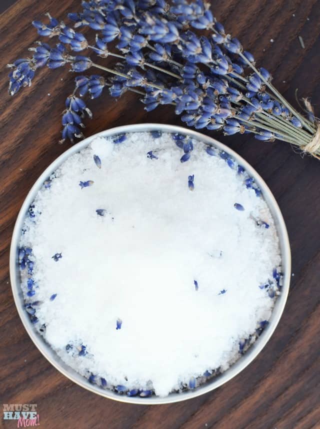 Shimmery lavender salt soak just like the spa! This bath salt recipe is easy and so luxurious! Makes a great DIY gift idea too.