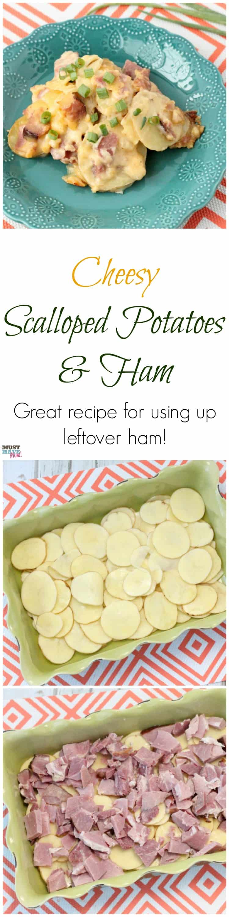 Cheesy Scalloped Potatoes and Ham Recipe that is great for using up leftover ham! This is the BEST cheesy potatoes and ham recipe too. So delicious! 