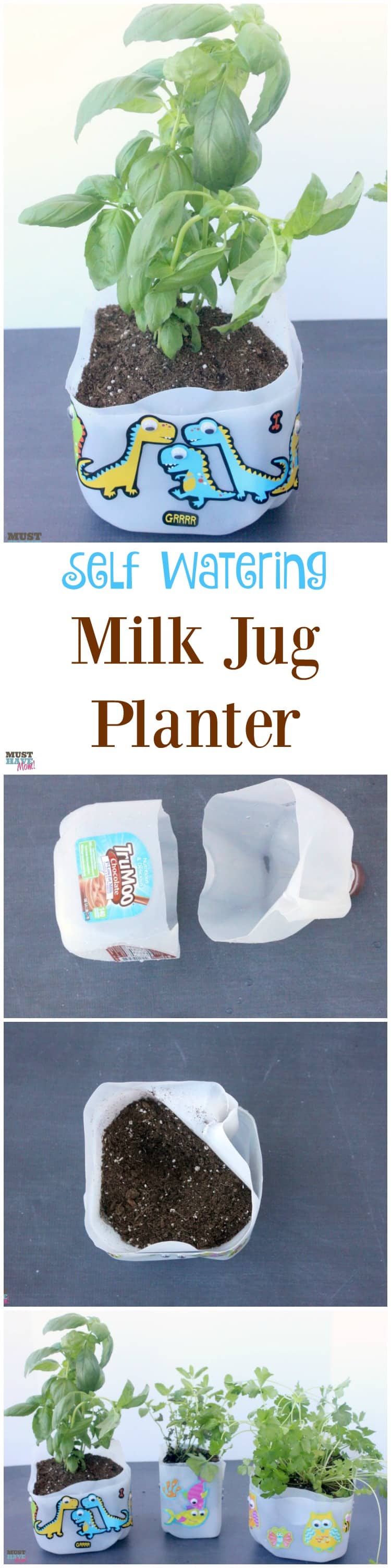 DIY Self Watering Milk Jug Planter Idea! Make your own self watering planter out of a milk jug. Upcycle and reuse your milk jug and get the kids involved! Milk jug gardening ideas!