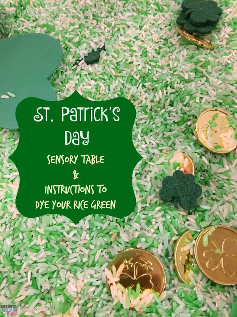 St. Patrick's Day Sensory Table & Instructions To Dye Your Rice Green! This fun green sensory rice DIY is the perfect St. Patrick's Day toddler activity or preschool activity! 