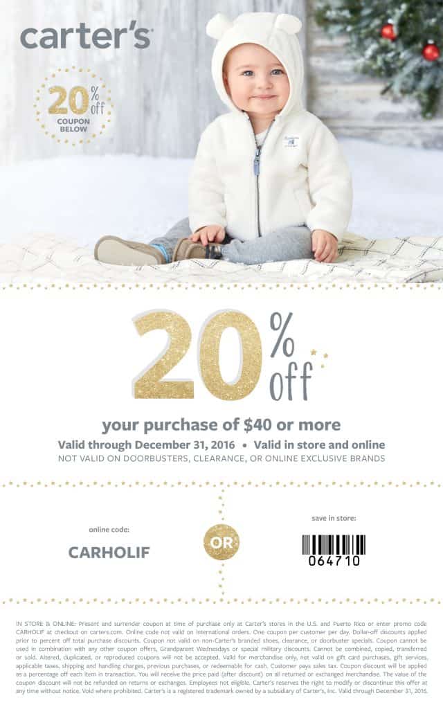 Carter's coupon code. Save 20% holiday outfits at Carters. Carters promo code