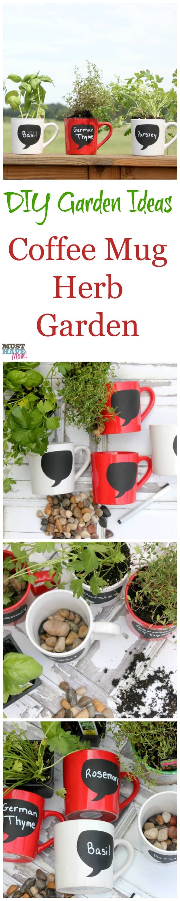 DIY Garden Ideas make your own coffee mug herb garden! This tutorial shows you what you need to do to have a windowsill herb garden on the cheap! 