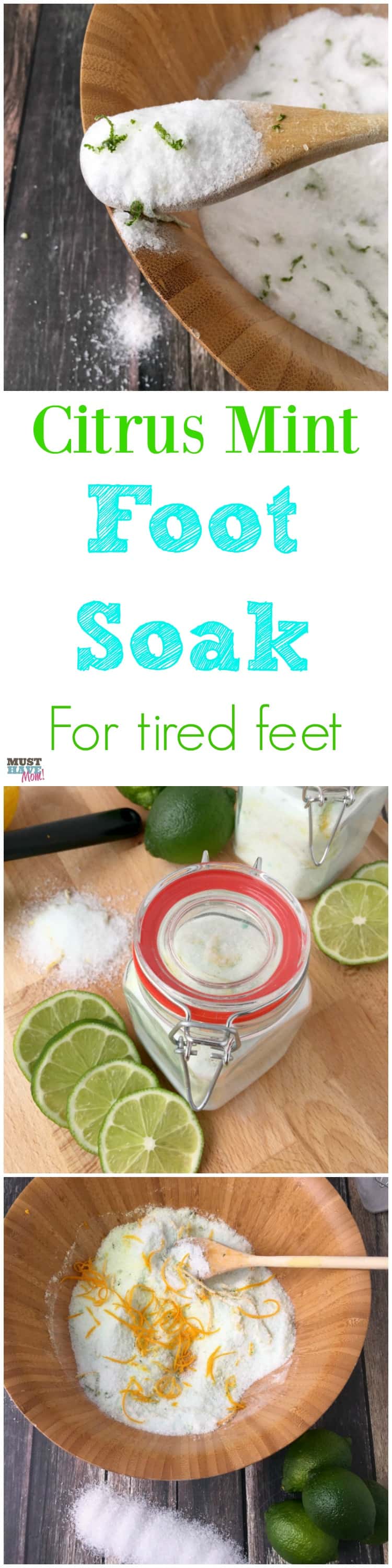 DIY Citrus mint epsom salt foot soak for tired feet! Make this homemade foot soak recipe and package in a pretty jar for a great homemade gift idea! Or make it part of a pedicure basket! Great Mother's Day gift, teacher gift idea, etc!