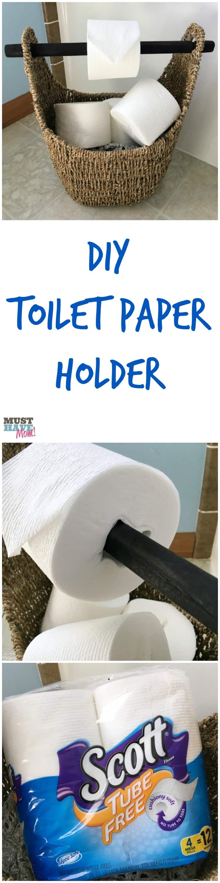 DIY toilet paper holder idea! Use a wicker basket with a wood handle as a toilet paper holder and fill the basket with extra toilet paper rolls. Works with tube free toilet paper rolls too!