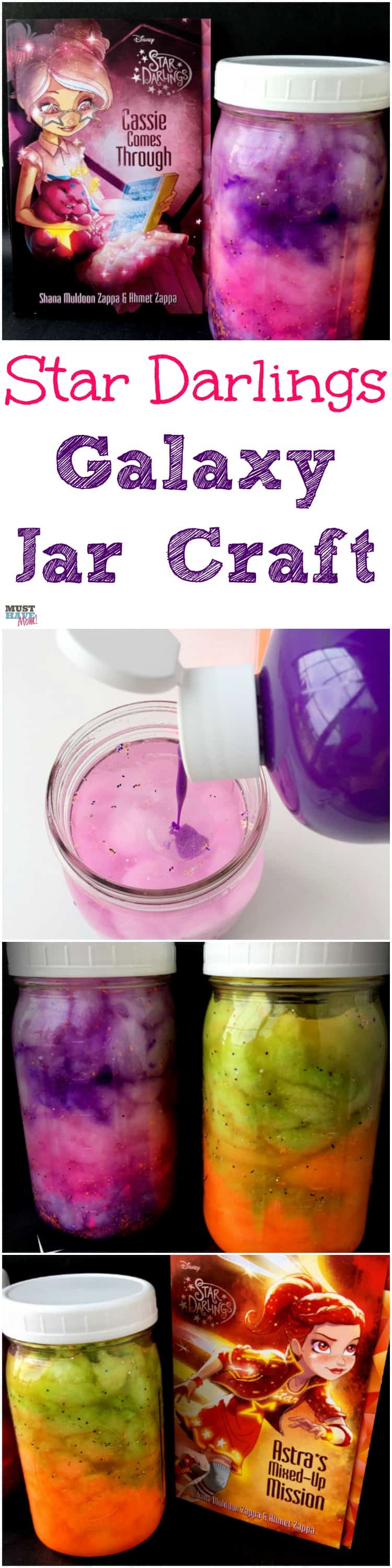 Disney Star Darlings Galaxy Jar Craft Idea with step by step instructions! Fun galaxy jar that can be used as a calming jar or decoration. Inspired by Star Darlings book series. Great kids DIY project. Rainy day craft!