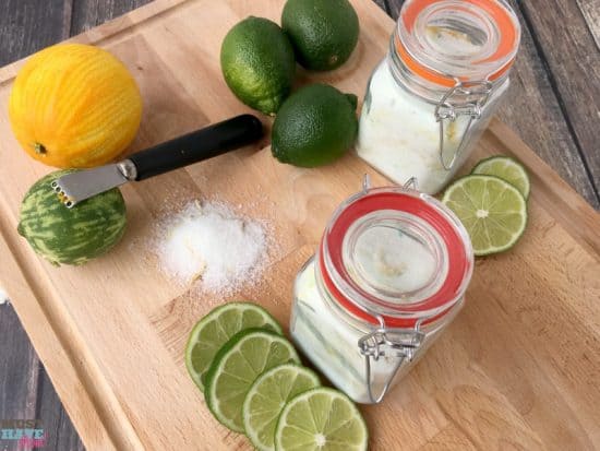 DIY Citrus mint epsom salt foot soak for tired feet! Make this homemade foot soak recipe and package in a pretty jar for a great homemade gift idea! Or make it part of a pedicure basket! Great Mother's Day gift, teacher gift idea, etc!