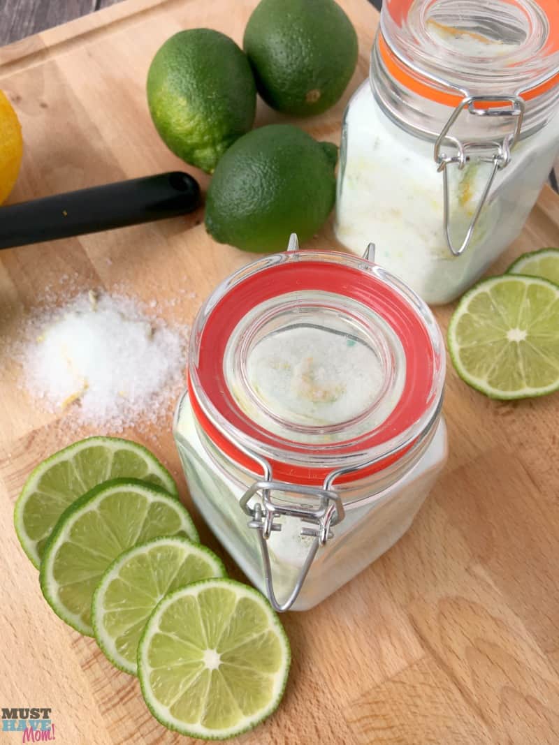 DIY Citrus mint epsom salt foot soak for tired feet! Make this homemade foot soak recipe and package in a pretty jar for a great homemade gift idea! Or make it part of a pedicure basket! Great Mother's Day gift, teacher gift idea, etc!