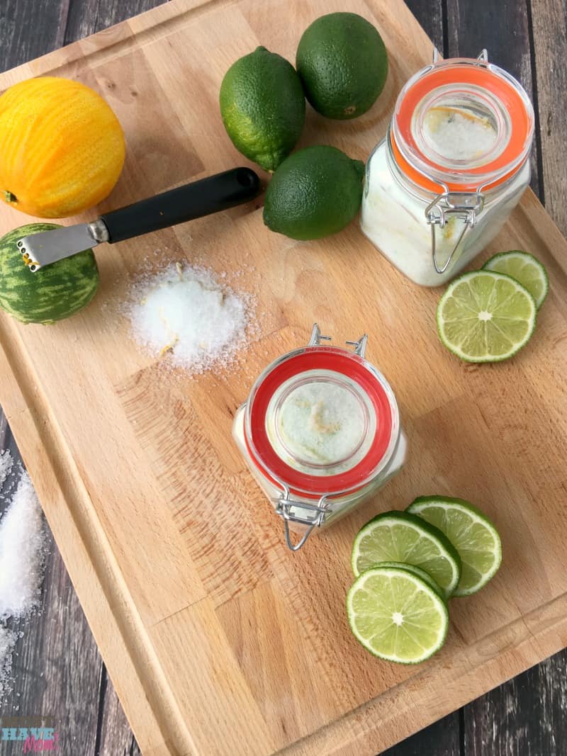 DIY Citrus mint epsom salt foot soak for tired feet! Make this homemade foot soak recipe and package in a pretty jar for a great homemade gift idea! Or make it part of a pedicure basket! Great Mother's Day gift, teacher gift idea, etc!
