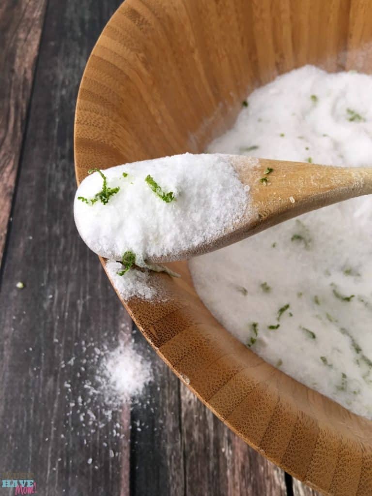 DIY Citrus mint epsom salt foot soak for tired feet! Make this homemade foot soak recipe and package in a pretty jar for a great homemade gift idea! Or make it part of a pedicure basket! Great Mother's Day gift, teacher gift idea, etc!