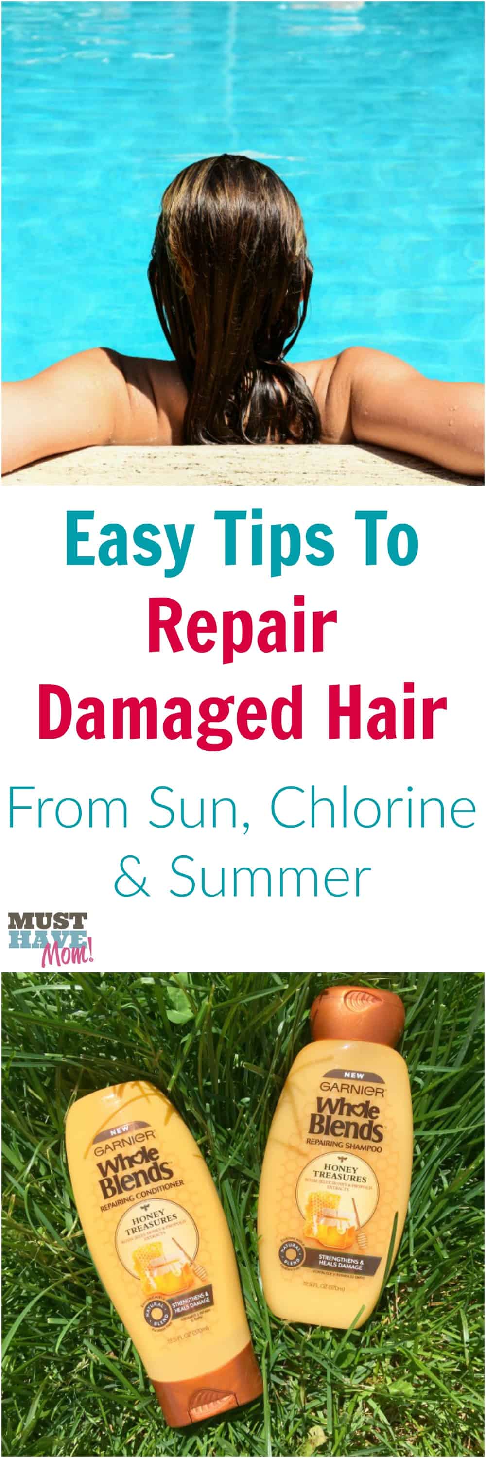 Easy way to repair hair that has been damaged by the sun or chlorine. Summer is hard on hair, use these easy tips to repair and restore your hair!