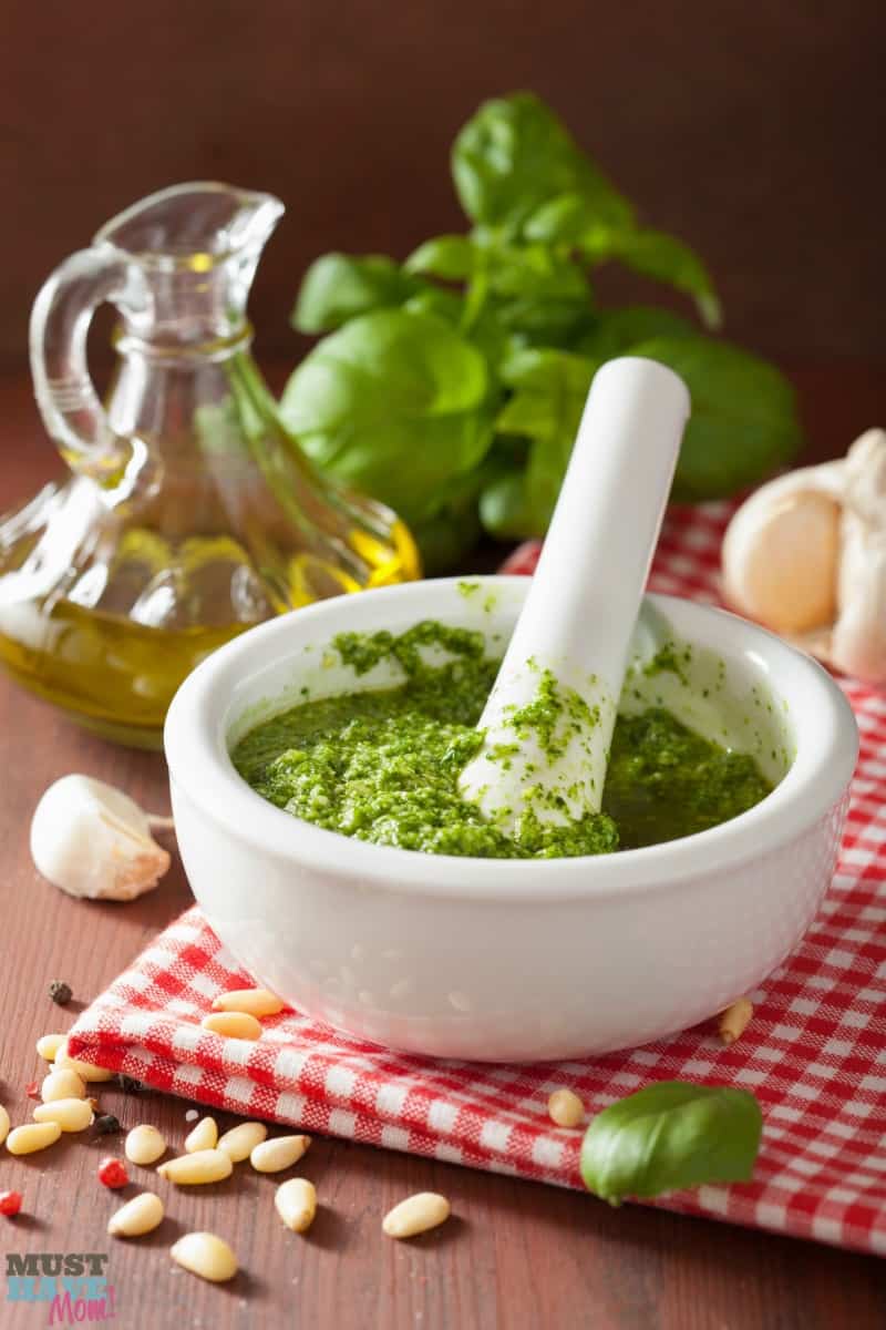 The best basil pesto recipe ever! Easy to make pesto using garden fresh basil, parmesan and garlic! So yummy! Use on pasta, spaghetti squash, bread, pizza and more!