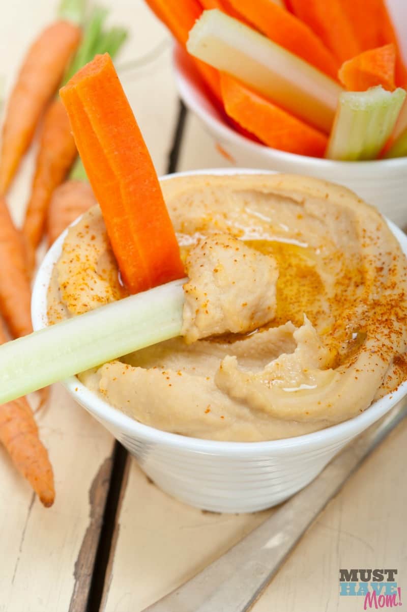 Kid Friendly Hummus Recipe With a Secret Ingredient especially for toddlers! Easy recipe that kids love. Dip carrot and celery sticks or pita bread in it! Grab the recipe and dip those garden veggies in it!