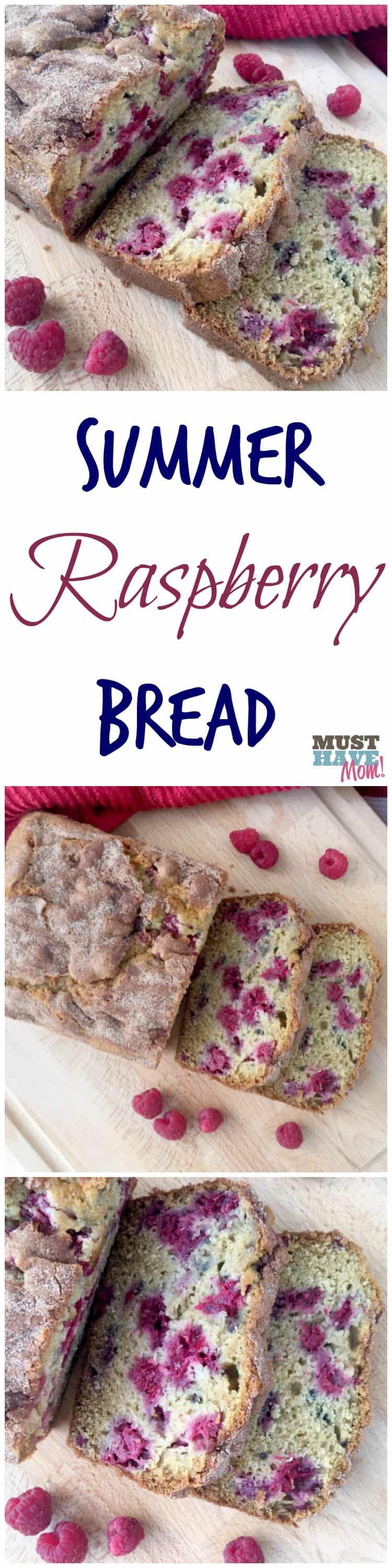 The best summer raspberry bread ever! Moist, mouth-watering berries nestled in a cinnamon sugar topped quick bread. 