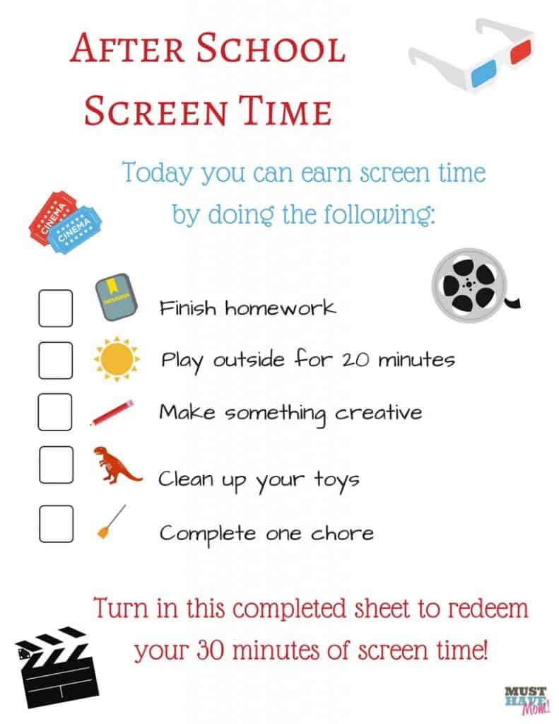Free screen time printable for kids to earn screen time in exchange for completing the list of chores or tasks! Limit their screen time and ensure they have a good balance of after school activities. 