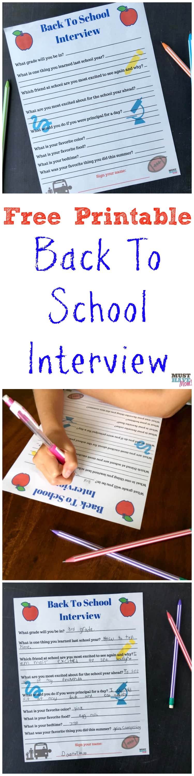 Free printable back to school interview questionnaire! Interview your kids each year before the new school year and save them! Fun back to school activity! 