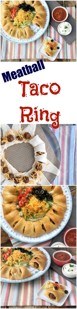 Easy Meatball Taco Ring Recipe! Great weeknight recipe idea or party food idea! Could be served as an appetizer or a meal. Crowd pleasing recipe! Easy recipe to whip together and have done in 30 minutes or less!