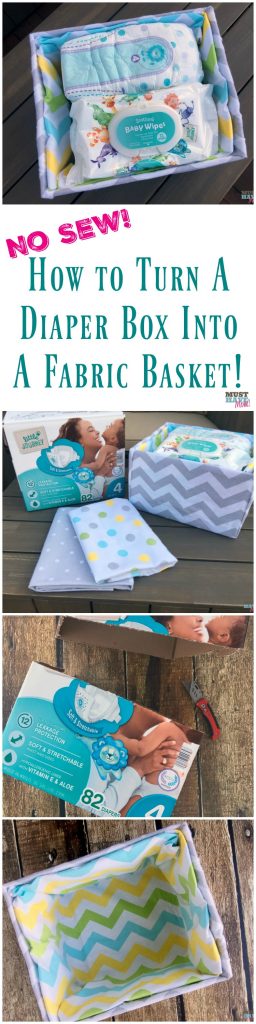 How to turn a cardboard box (like a diaper box) into a fabric covered basket! No sew method of making a fabric lined basket to compliment nursery decor! Make it for free with upcycled supplies!