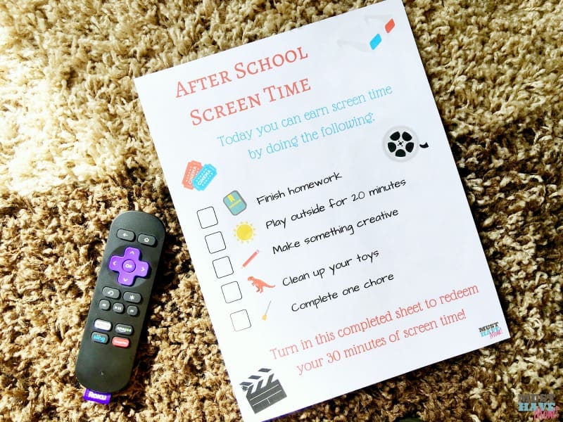 free after school screen time printable for earning screen time