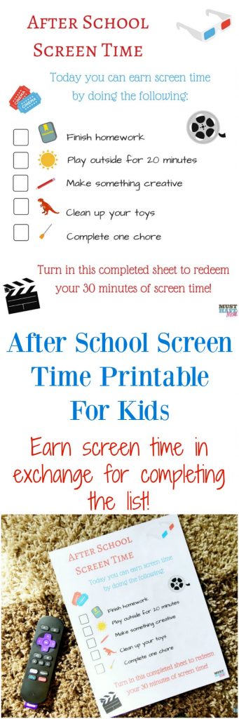 Free screen time printable for kids to earn screen time in exchange for completing the list of chores or tasks! Limit their screen time and ensure they have a good balance of after school activities. 