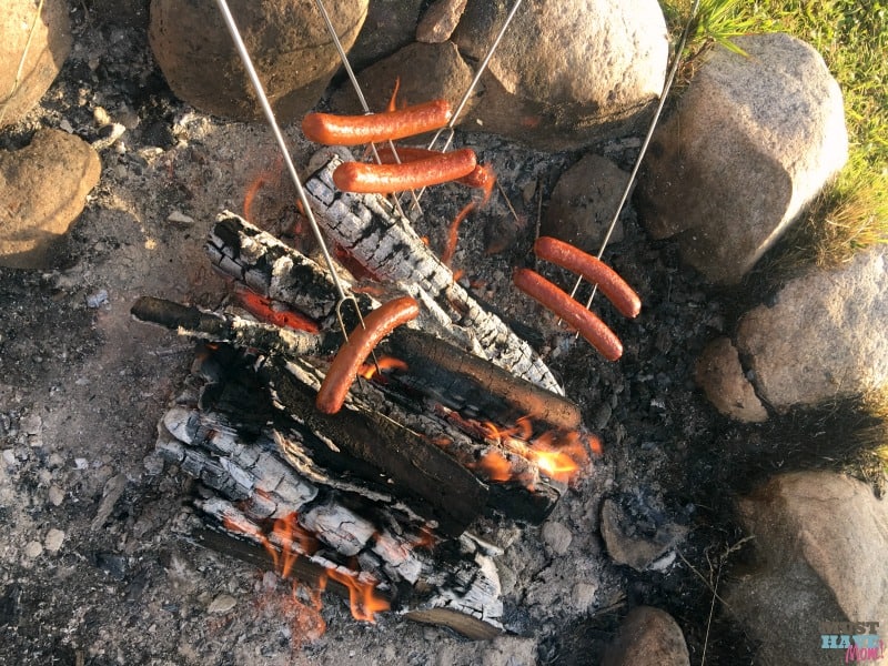 roasting hot dogs at camping party