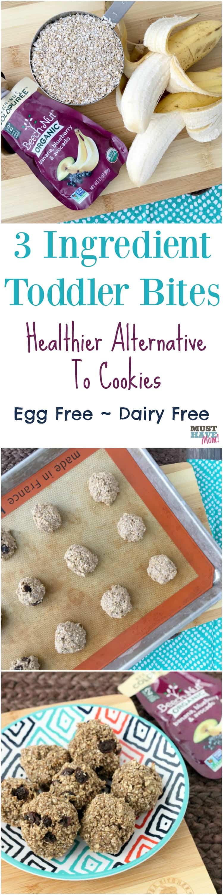 3 ingredient toddler bites recipe! Healthy alternative to cookies. Egg free, dairy free, flourless cookie alternative. Easy toddler snack idea, easy toddler food ideas.