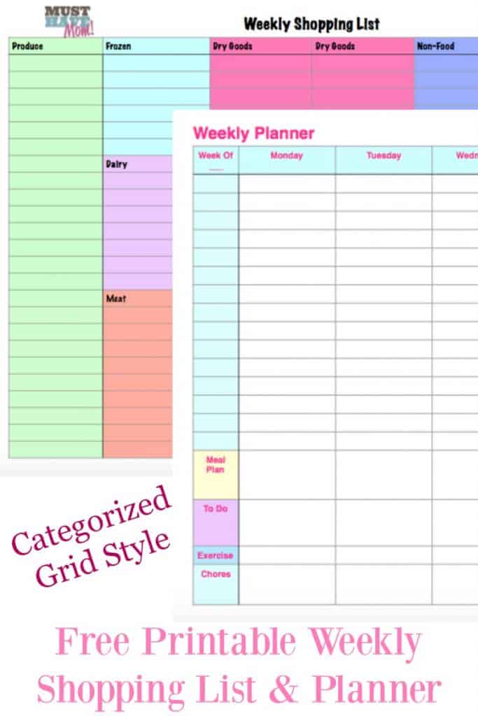 Free Printable Weekly Planner and Free Printable Weekly Shopping List. These are my favorite for organizing my week! Grid style charts and categorized shopping list. I used to pay a LOT for planners like this, now I use this one free!