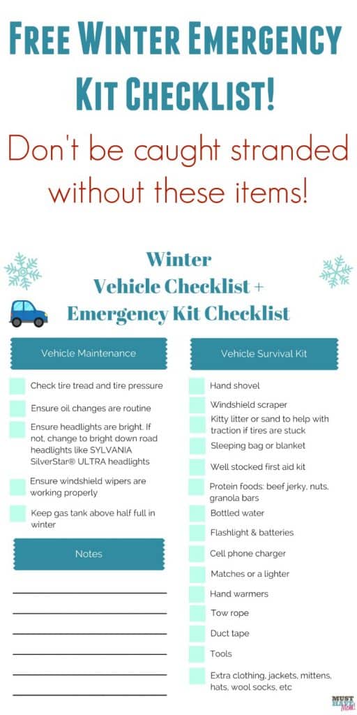 Winter driving checklist! Grab this free printable winter vehicle checklist and emergency kit checklist and make sure you are prepared in case you get stranded in the winter!